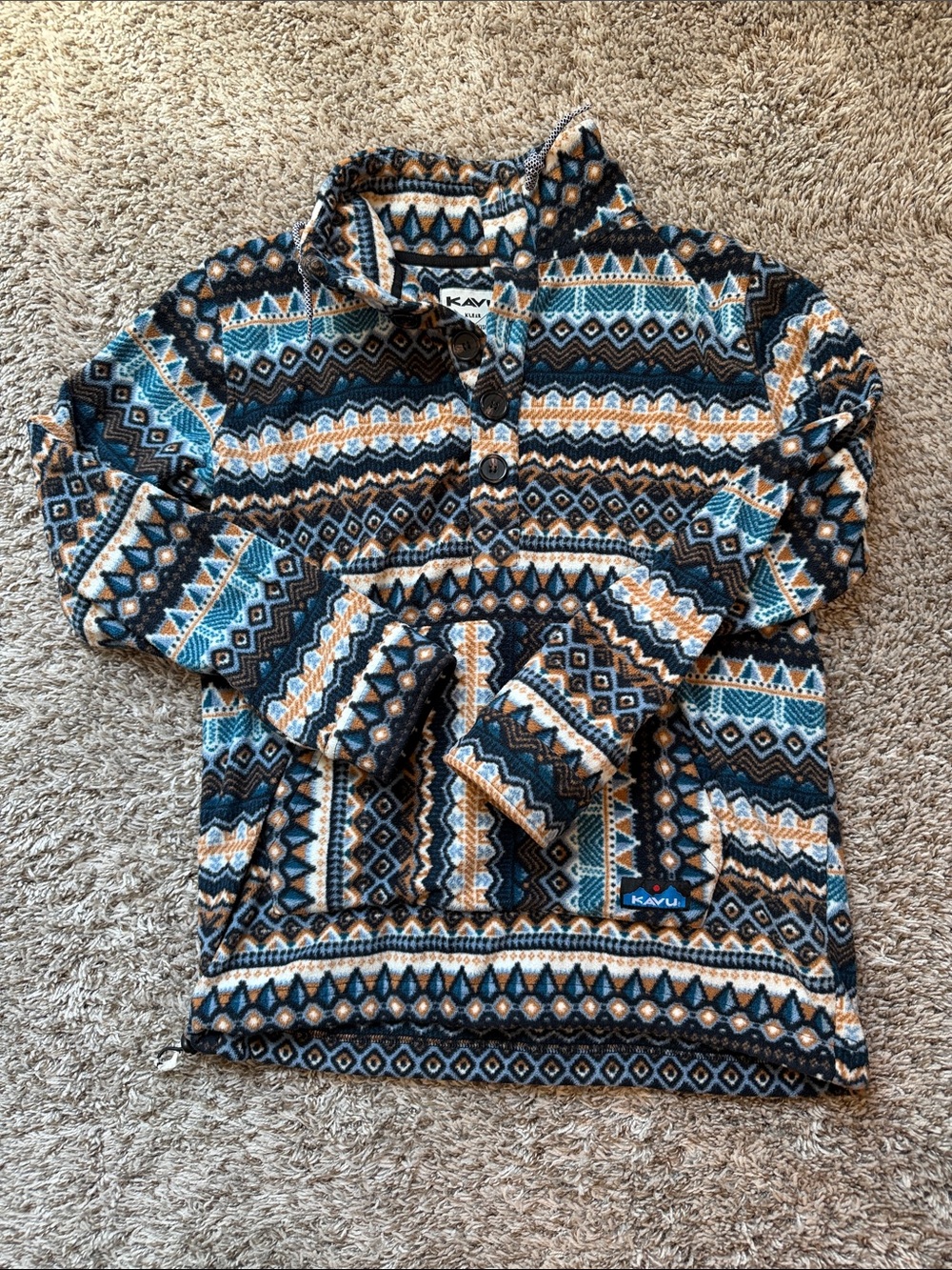 Kavu Geometric Button Pullover - Teal, Navy & Tan